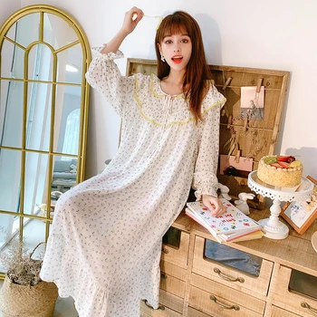 

Korea style loose women bourette full sleeves nightgown sweet print calf-length long style girls sleepdress for autumn new 2020