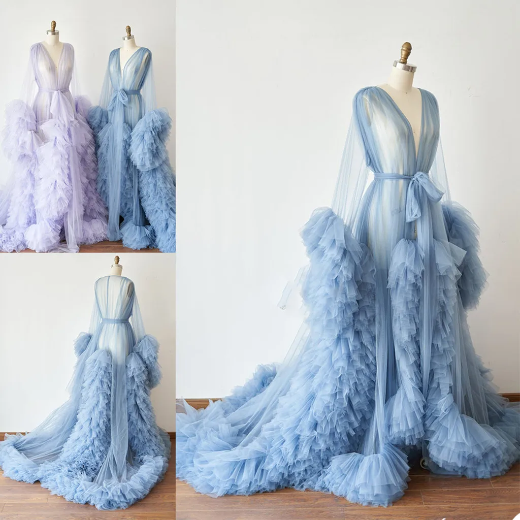 Bathrobe for Women Sky Blue Feather Full Length Lingerie Nightgown Pajamas Sleepwear Women\'s Luxury Gowns Housecoat Nightwear