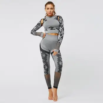 

2 pieces exercise sport clothing set Seamless long sleeve top pant yoga suit high stretch hip lift sport set women fitness GYM