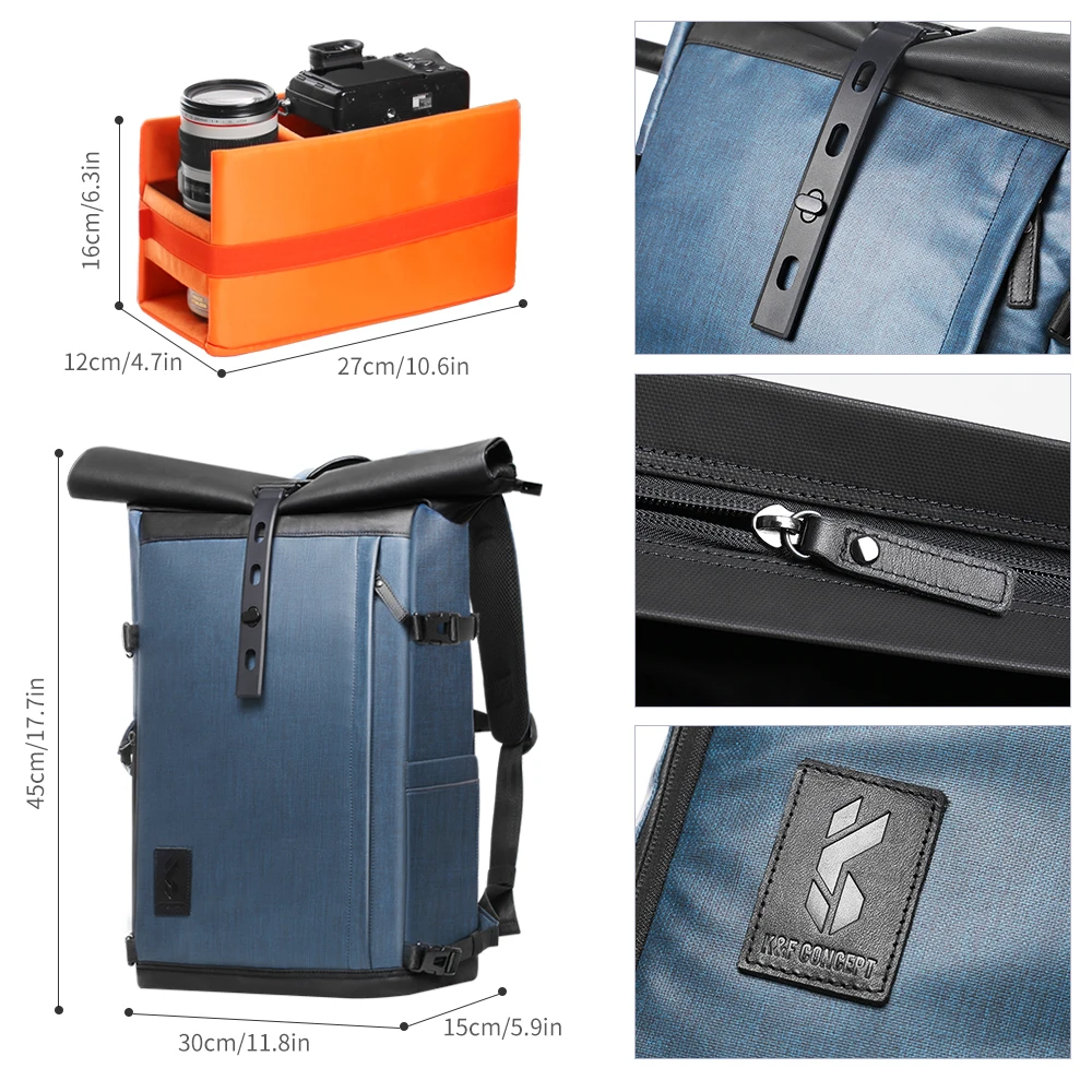 K&F Concept 17.7 inch Camera Backpack Waterproof Photography Bag for DSLR Camera Lens Laptop bag with Rain Cover tripod hold