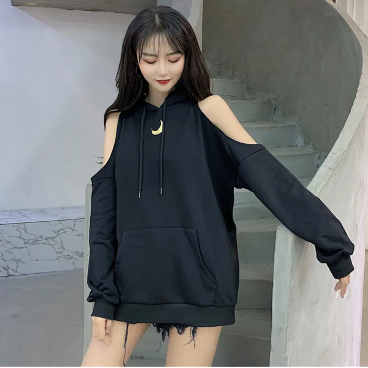  2019 Autumn New Gothic Hooded Sweatshirt Women Harajuku Streetwear Moon Printed Cold Shoulder Long 