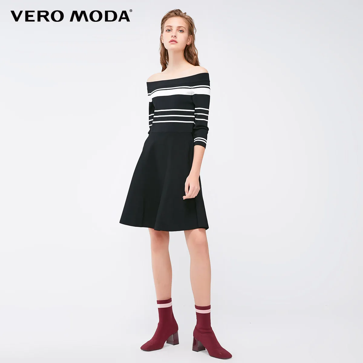 Vero Moda женское Полосатое платье с круглым вырезом 3/4 рукавами | 319146505
