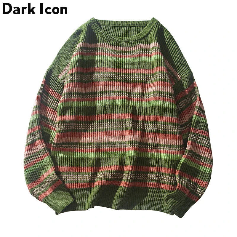 Пуловер в полоску с темными иконами, мужские свитера с круглым вырезом, модный уличный свитер в стиле хип-хоп, Мужская Уличная одежда