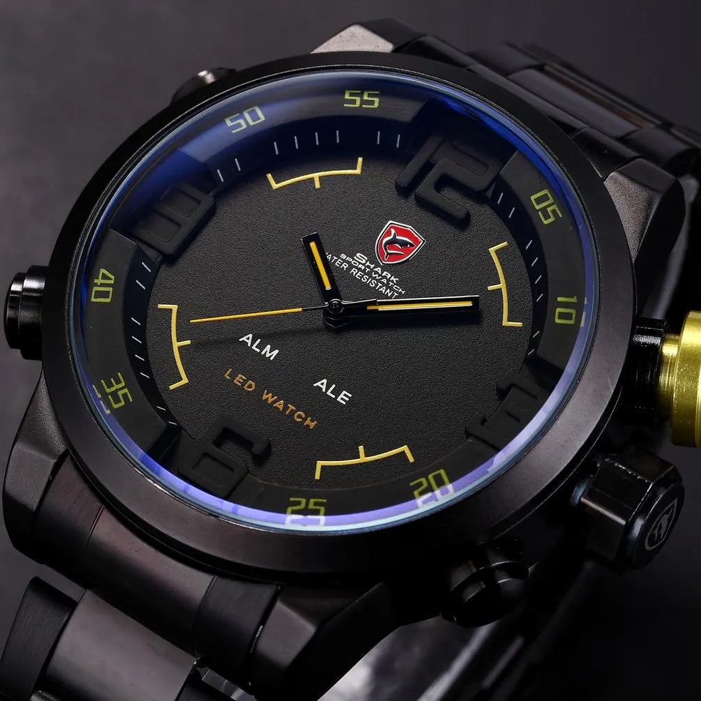 Брендовые мужские спортивные часы с изображением акулы, брендовые, Роскошные, полностью стальные, цифровые, с календарем, наручные часы, кварцевые, Relogio Masculino/SH103 - Цвет: Yellow SH107