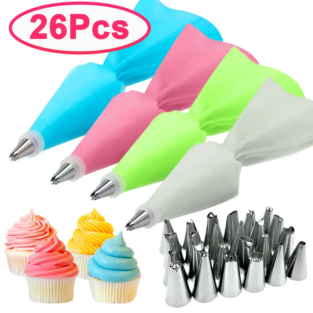 8/26Pcs/Set Silicone Pastry Bag Tips Kitchen Cake Icing Piping Cream Cake Decorating Tools Reusable Pastry Bags+24 Nozzle Set