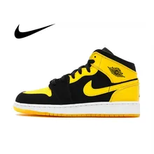 Оригинальные мужские баскетбольные кроссовки Nike Air Jordan 1 Mid AJ1, цвета: черный, желтый, Joe, высокие удобные спортивные уличные Нескользящие кроссовки