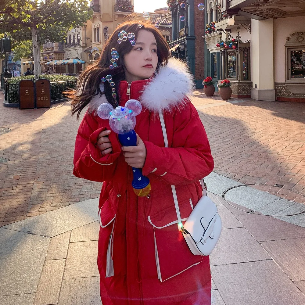 

Photo Shoot New Year Red Origional Contrast Color Waist Hugging Large Fur Collar Cotton Coat 2019 Winter New Style WOMEN'S Dress