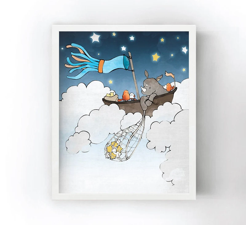 Носорог детская художественный принт-носорог и птиц для рыбалки звезд сафари