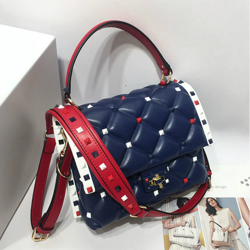 

Fashion Genuine Leather Messenger Bags Rivet Decoration Shoulder Crossbody Bags Sheep Skin Small Square Bags Channels Handbags
