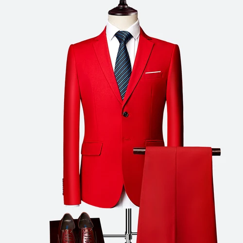 Блейзеры брюки наборы Новая мода жених свадебное платье костюмы мужские повседневные деловые 2 шт костюм куртка пальто брюки M-6XL - Цвет: red