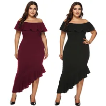 Amazon, платье большого размера, одежда больших размеров, платье с горизонтальной горловиной и оборками, необычное вечернее платье A11003