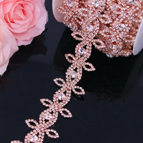 Rose Gold 1 ярд горный хрусталь цепи свадебный пояс стразы отделка железо на аппликации для платья отделка стразами DIY аксессуары кристалл - Цвет: Rose Gold