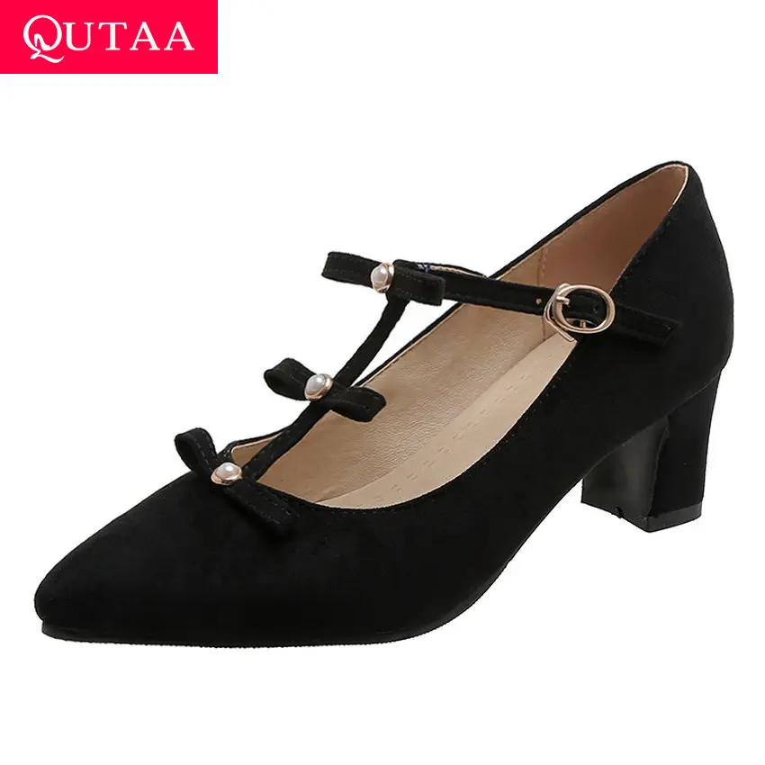 

QUTAA 2020 T-strap Square Heel Single Shoes Flock Buckle Fashion Ladies Pumps Pointed Toe Butterfly-Knot Women Shoes Size 34-43