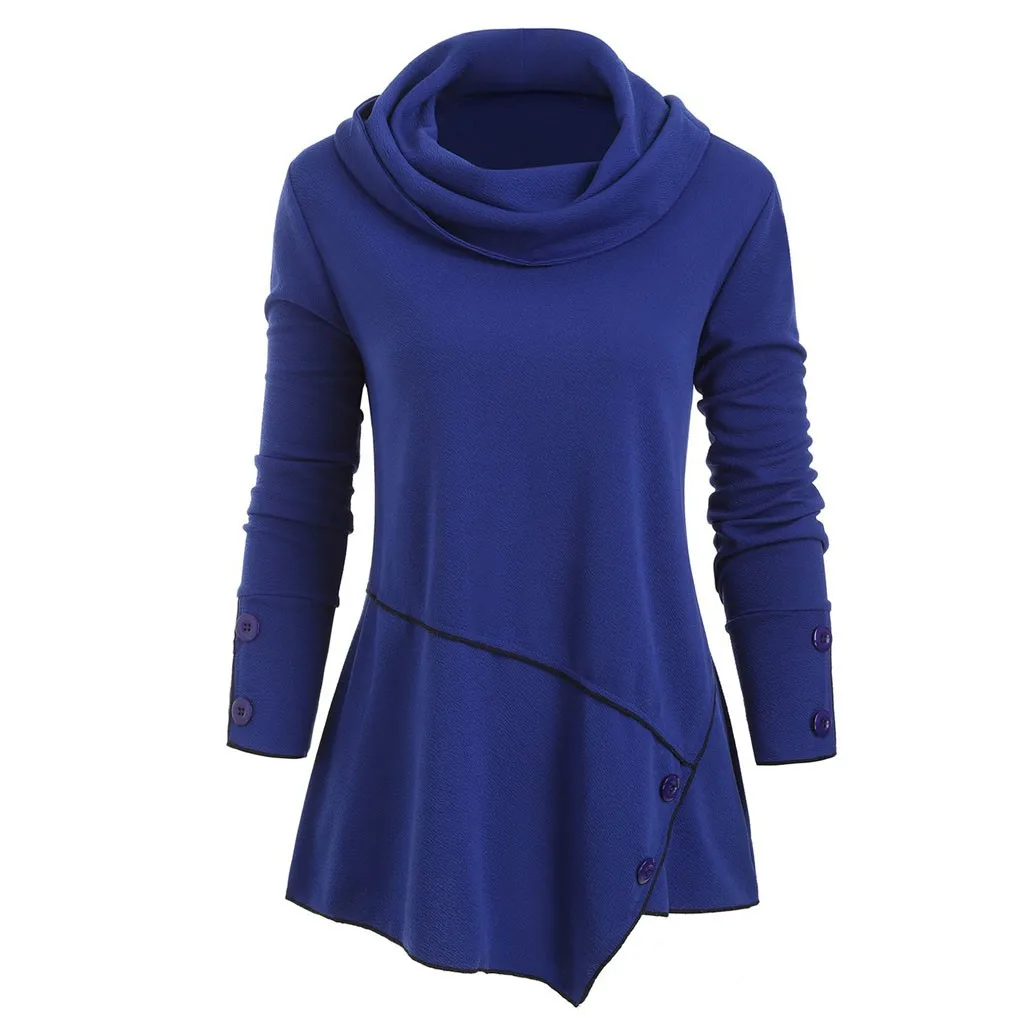 Женская блузка большого размера с воротником-хомутом и пуговицами, Асимметричный топ, Осень-зима, для женщин и девушек, больше размера