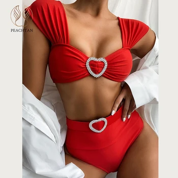 

Peachtan Sexy high waist swimsuit women Bandeau bikini set 2020 Shiny Rhinestones swimwear women Bandeau bathers bathing suit