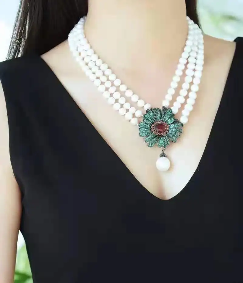 

Hand knotted necklace 3rows 7-8mm white freshwater pearl micro inlay zircon flower clasp 43-48cm fashion jewelry