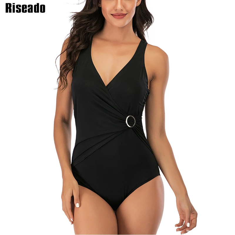 

Riseado V-neck One Piece Swimsuit 2020 Sexy Buckle Swimwear Women U-back Female Beach Wear Black Wrap Brazilian Bathing Suit