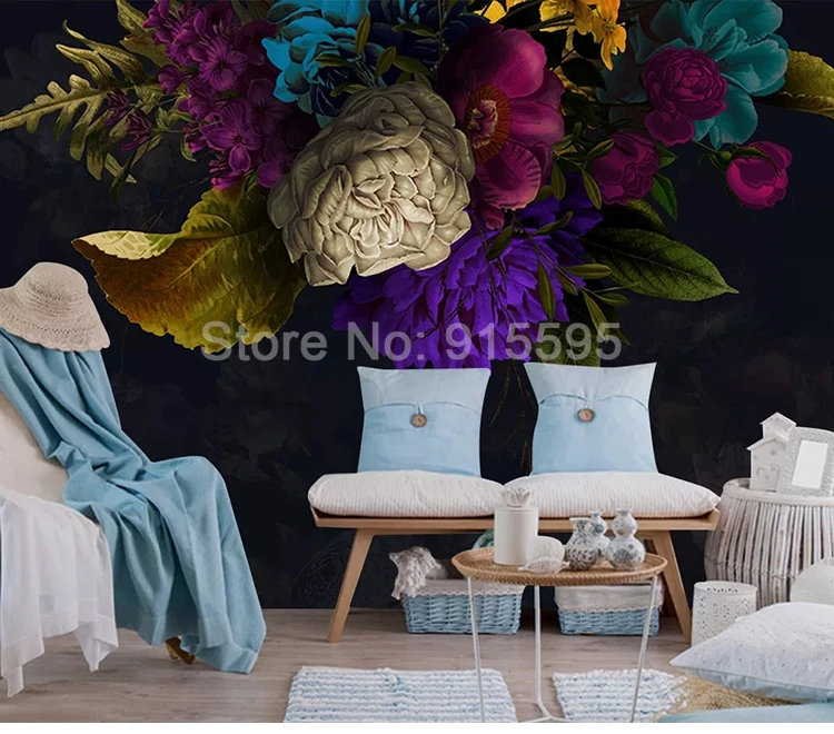 Custom Wall Mural Retro Flower Black Background Wall Decoration Painting Hotel Study Room Bedroom Wallpaper Papel De Parede 3D