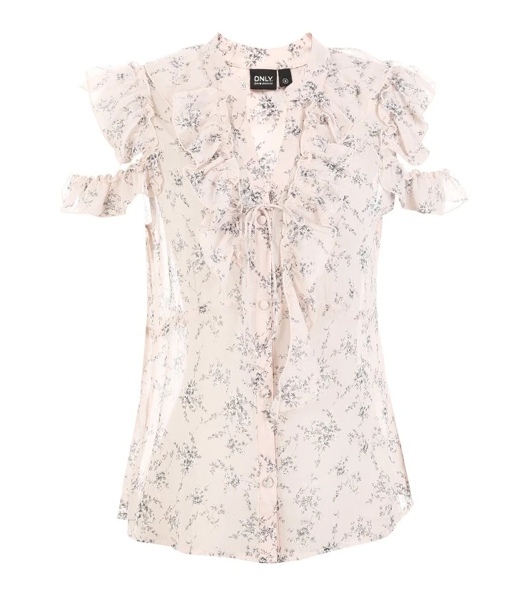ONLY Womens Ruffled V-neckline Floral Short-sleeved Chiffon Shirt | 119104501