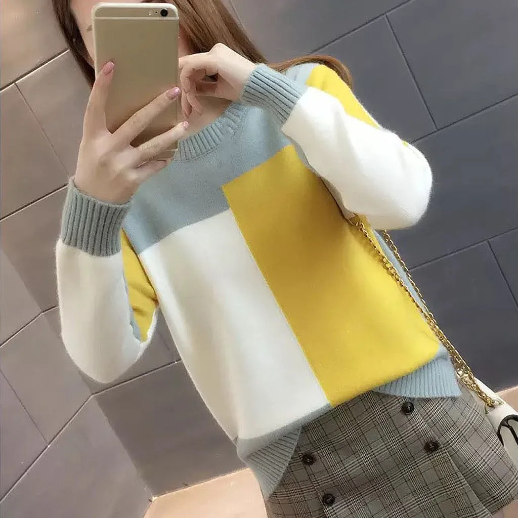 Jersey mujer invierno, женский свитер, Модный Цветной пуловер в стиле пэчворк, зимний теплый свитер с круглым вырезом и длинными рукавами, вязаный Топ, ropa mujer