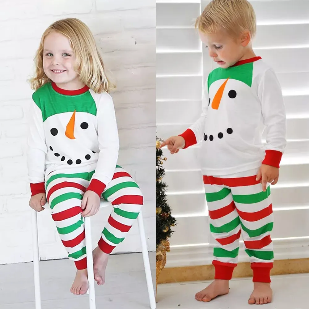 fashion baby girl clothes cotton long sleeve Solid Kids Snowman T shirt Tops+Striped Pants Trousers Christmas Clothes Set