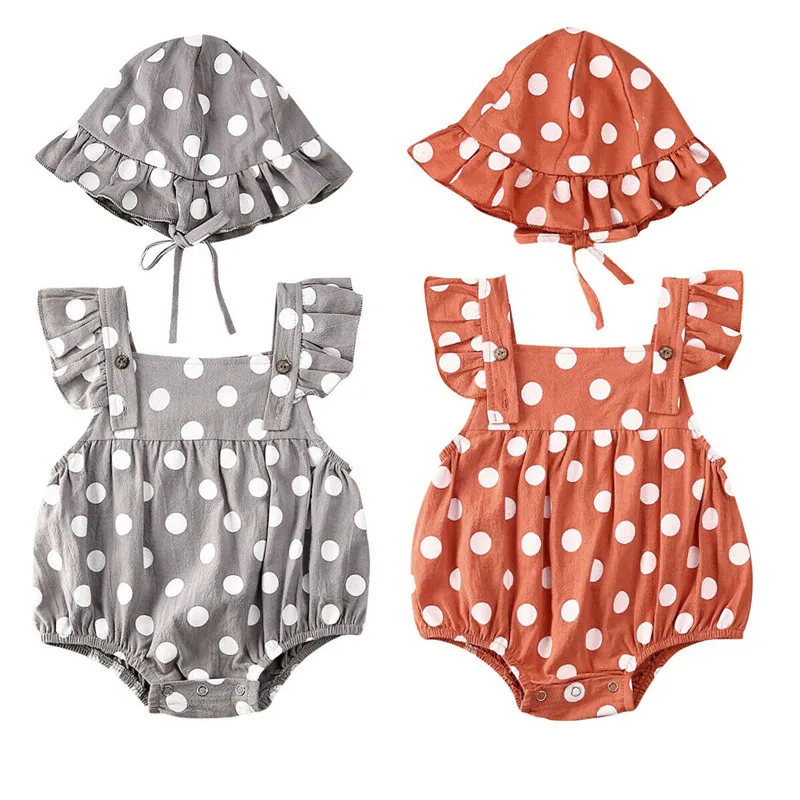 

0-24M Newborn Infant Kids Girl Bodysuit Summer Ruffle Sleeveless Polka Dot Jumpsuit Playsuit Hat Baby Clothes Outfits Sunsuit