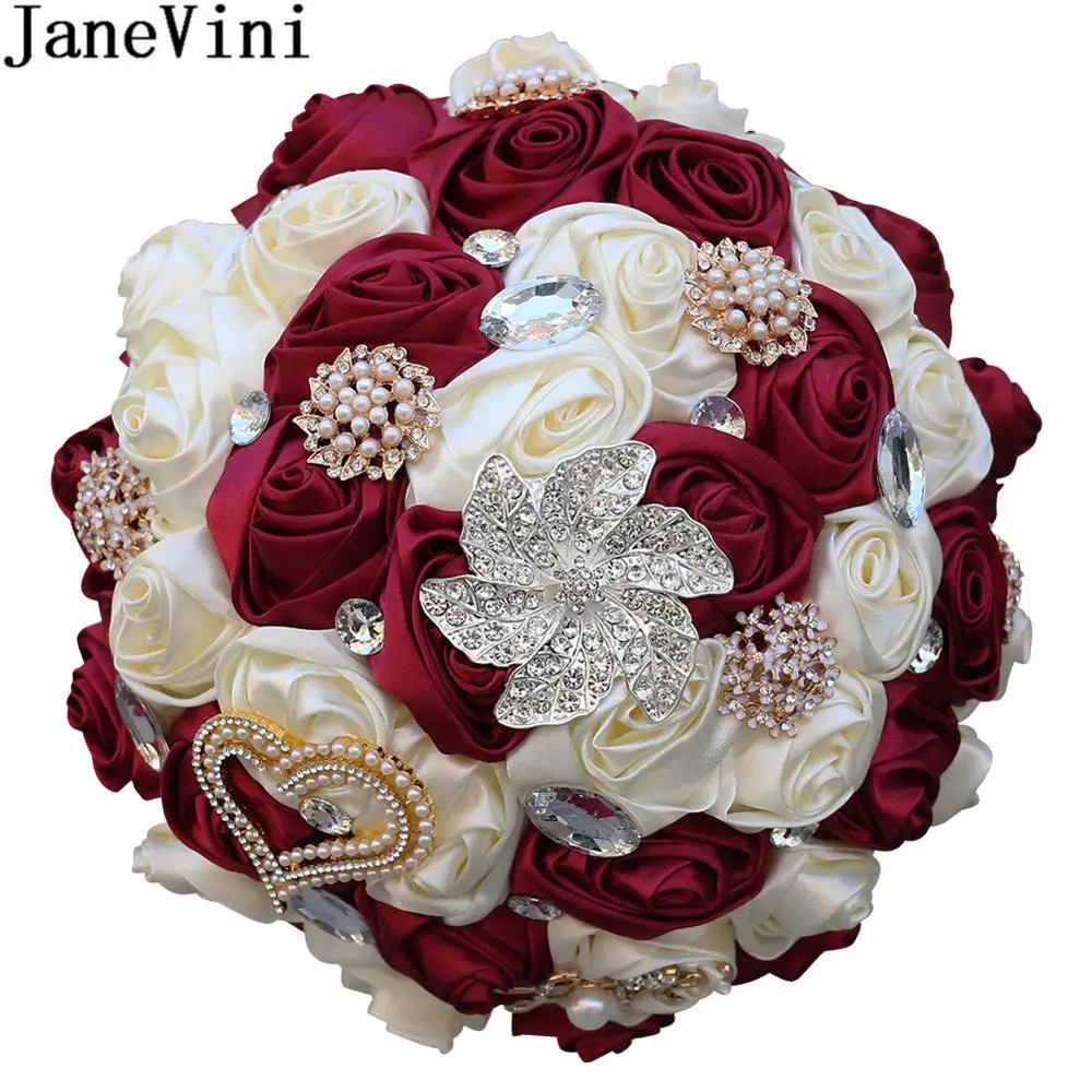 JaneVini fleur artificielle Burgundy Wedding Bouquet Bridal Crystal Rhinestone Satin Flowers Luxury Royal Blue Bride Bouquets