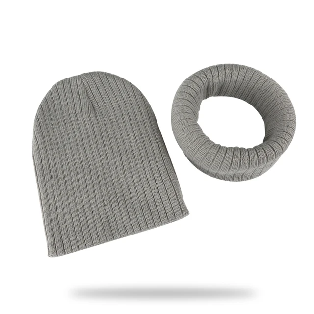 Winter Kids Boy Girl Solid Color Knitted Cap And Scarf Set Crochet Baby Beanie Hat Children's Accessories Bonnet gray