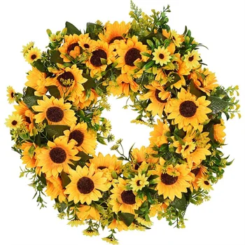 

BEAU-Artificial Sunflower Summer Wreath-16 Inch Decorative Fake Flower Wreath With Yellow Sunflower And Green Leaves For Front D