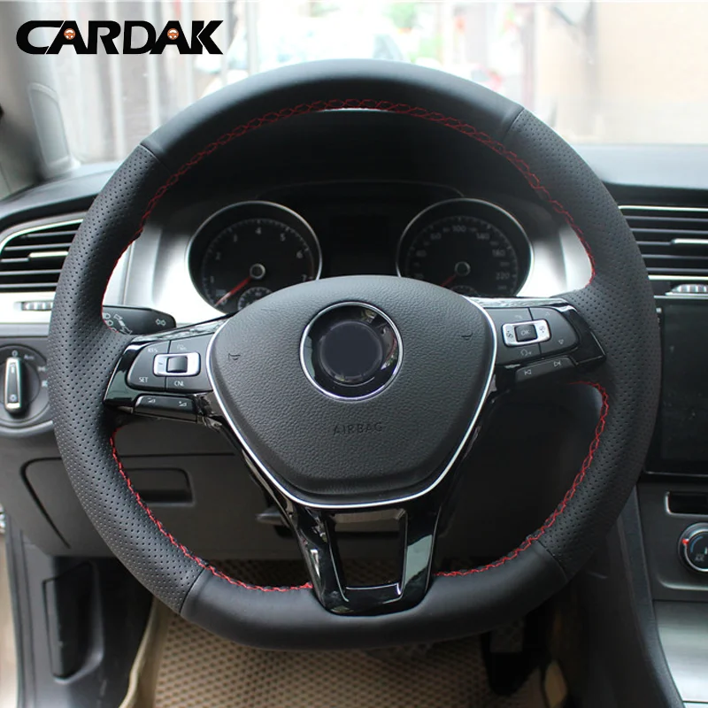 CARDAK Hand-stitched Black Artificial Leather Steering Wheel Cover for Volkswagen Golf 7 Mk7 New Polo Passat B8