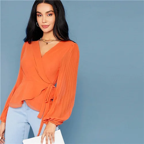 SHEIN Bright Orange Deep V Neck Tie Side Wrap Blouse Women Tops Autumn Pleated Sleeve Solid Elegant Belted Shirt Blouses - Цвет: Оранжевый