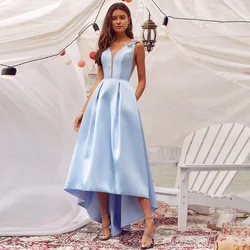Elegant Hi-Lo Prom Dresses V Neck With Pockets Backless Formal Celebrity Party Gown For Woman With Beading Robe De Soriee 2021