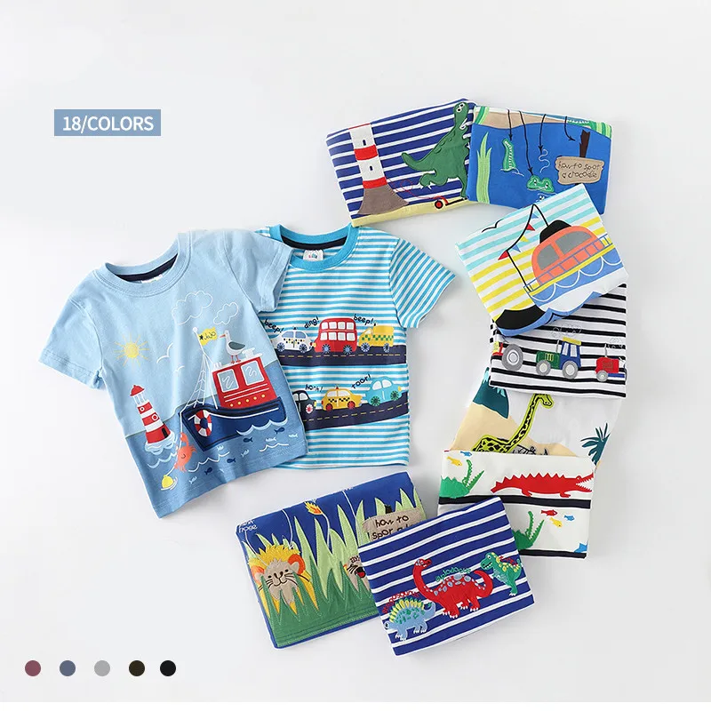 Children t shirt Boys blouse shirt 2-10 Children's Clothing Dinosaur Car Stripe Print Short Sleeve Cotton Basic Tops Kids Boy Cartoon T-Shirt