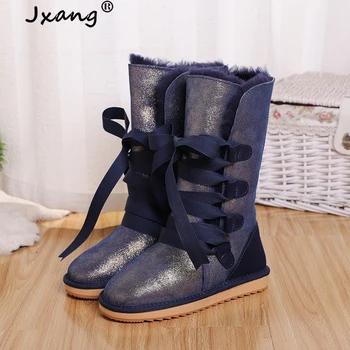 

JXANG Classic genuine Waterproof Lace Up Snow Boots for Women Cowhide leather Natural Sheep Wool Linning Winter women's shoes
