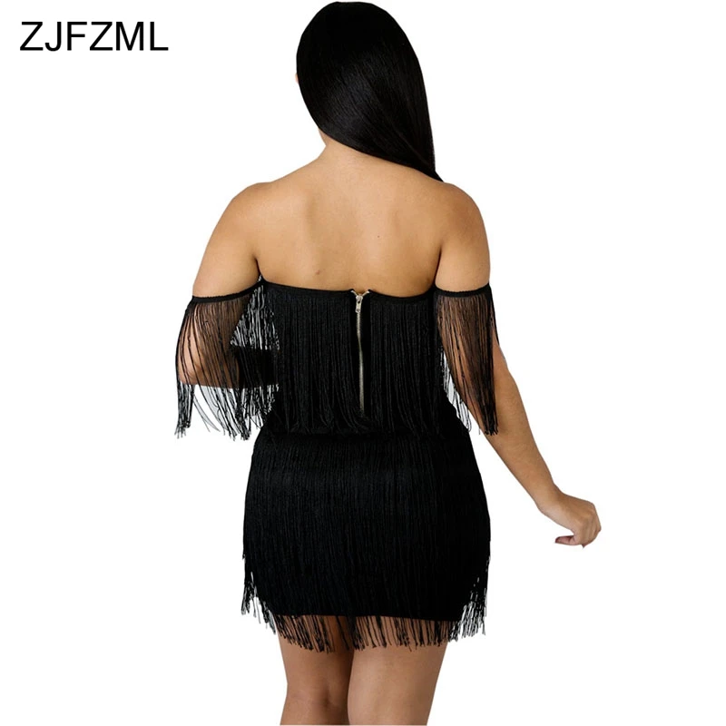 ZJFZML, с кисточками, вышивка, сексуальное платье-карандаш, женское, черное, с вырезом лодочкой, с открытыми плечами, Бандажное платье, элегантное, с открытой спиной, на молнии, мини-платья