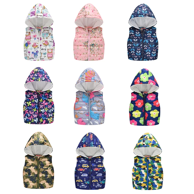 Autumn Winter Kids Vests Warm Girls Vest Coat Thicken Hooded Vest for Boys Girl Cartoon Car Dinosaur Print Sleeveless Outerwear