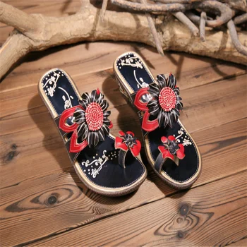 

EMMAKING 2020 slippers women Geniune leather splicing stitching Flower pattern Flip flops slip-on Retro Bohemia women sandals