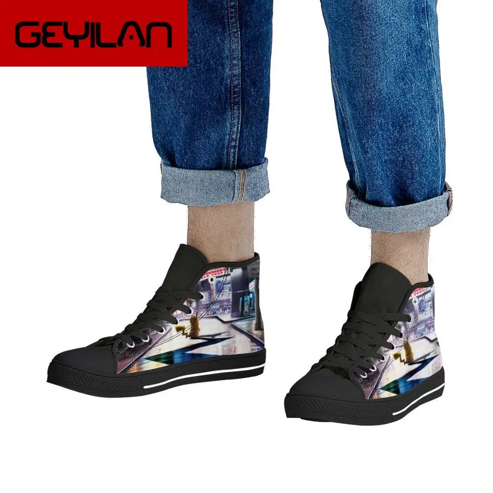 

Pikachu 3D cartoon anime print pattern high-top canvas shoes black vulcanized shoes men and women off-white shoes