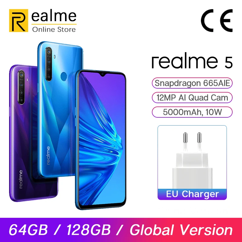 

Global Version realme 5 3G/4G 64G/128G 6.5'' Moblie Phone Snapdragon 665 12MP Quad Cam Cellphone 5000mAh VOOC 10W Fast Charger
