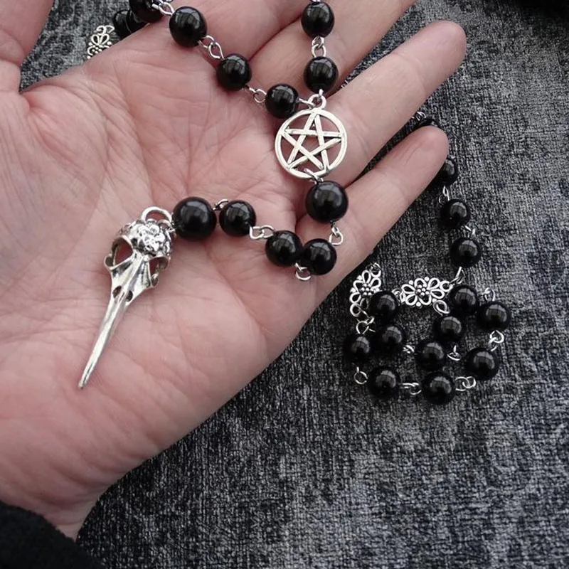 Black Beaded Crescent Necklace Black Rosary with Pentagram and Moon Pendant in Antique Silver, Gothic Necklace, - Image 2