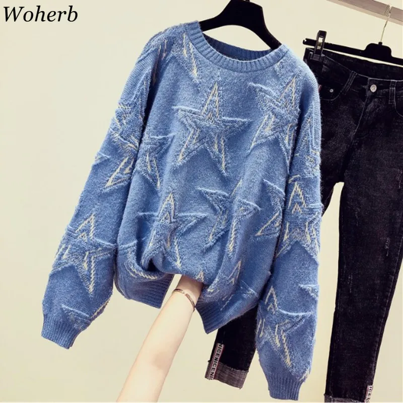 

Woherb Autumn Winter New Women Pullover and Sweaters Stars Pattern Jumpers Loose Korean Style Plus Size Knitwear Sweater 2019