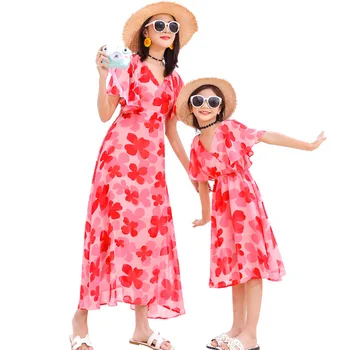 

New Summer Family Matching Outfits Mother Daughter Dresses Flower clothing Baby Girls Dress Women Girl holiday long dress