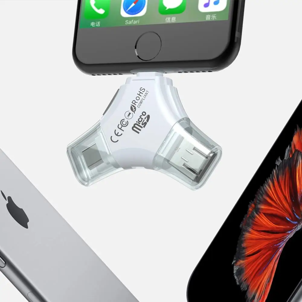 Портативный 4 в 1 type C Micro 8pin USB 2,0 портативный пластиковый SIM TF кард-ридер писатель мобильный телефон/ПК OTG