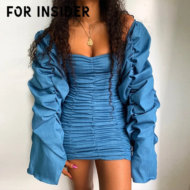 

For Insider Flare sleeve blue slash neck shirt dress Casual shirred white bandage dress Autumn winter short bodycon dress women