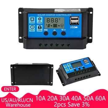 

60A/50A/40A/30A/20A/10A 12V 24V Auto Solar Charge Controller PWM Controllers LCD Dual USB 5V Output Solar Panel PV Regulator