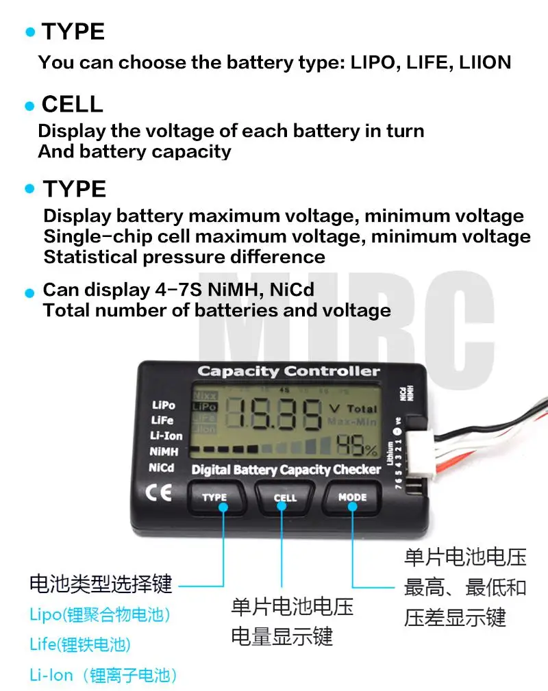 Comprobador de capacidad de batería Digital Rc Cellmeter-7 Lipo Life, Li-ion, Nicd, Nimh, comprobador de voltaje, detección de alta precisión