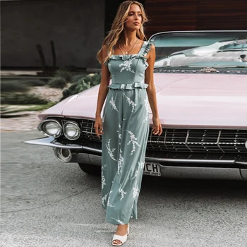 

Party Sleeveless Ruffles Summer Holiday Printed Sexy Suspenders Casual Long Lake Blue Women Jumpsuit Fashion Daily