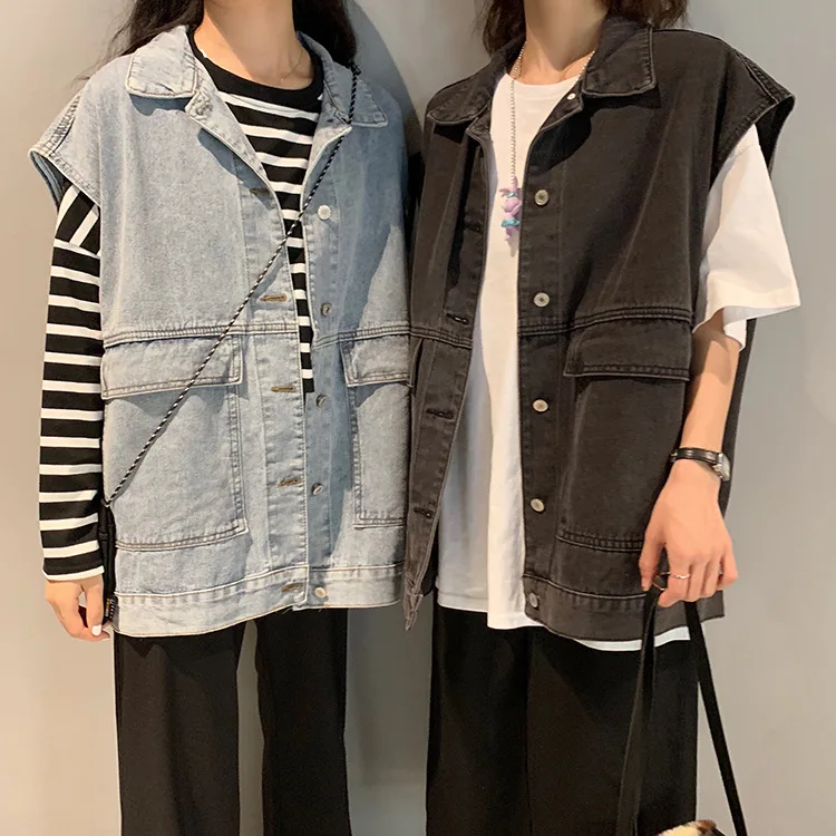Женская джинсовая жилетка, Повседневная Уличная, с отложным воротником, джинсовая куртка без рукавов, женская, оверсайз, Корейская одежда, осенняя верхняя одежда для женщин