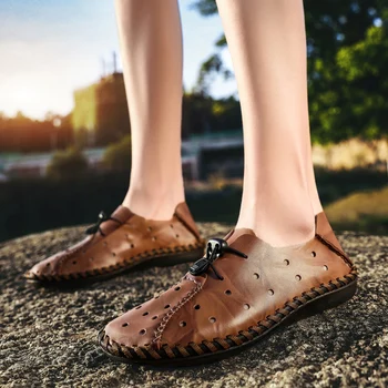 

Summer Men's sandals breathable Outdoor Casual Sandals Genuine Leather handmade Non-slip Sneakers Men Beach Sandals big size 48