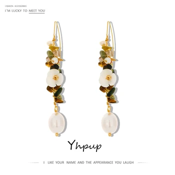 

Yhpup Trendy Copper Natural Pearls Stone Dangle Earrings Long Pins Natural Shell Flower Brincos for Female Party Jewelry Gift